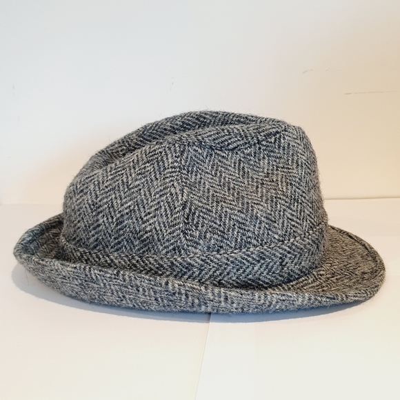 Harris Tweed Dunn & Co Hat Trilby Grey Herringbone Feather Vintage Size 7 57cm - Picture 5 of 8